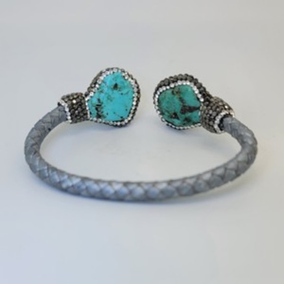 Turquoise & Round Crystal Woven Silver Cord Cuff - Picture 5 of 10